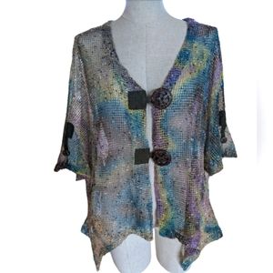 Kaktus top cardigan open knit topper sheer sweater star buttons 3x